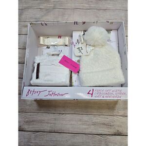 NWT‎ Betsey Johnson Gift Boxed 4 Pc Set Apres Hat, Handbag, strap, keychain